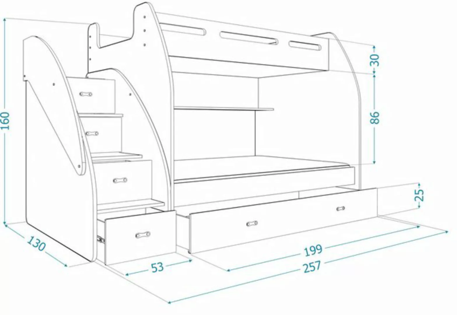 AJKmeble Hochbett Etagenbett 90x200 / 120x200cm mit Treppe und Ausziehbett günstig online kaufen