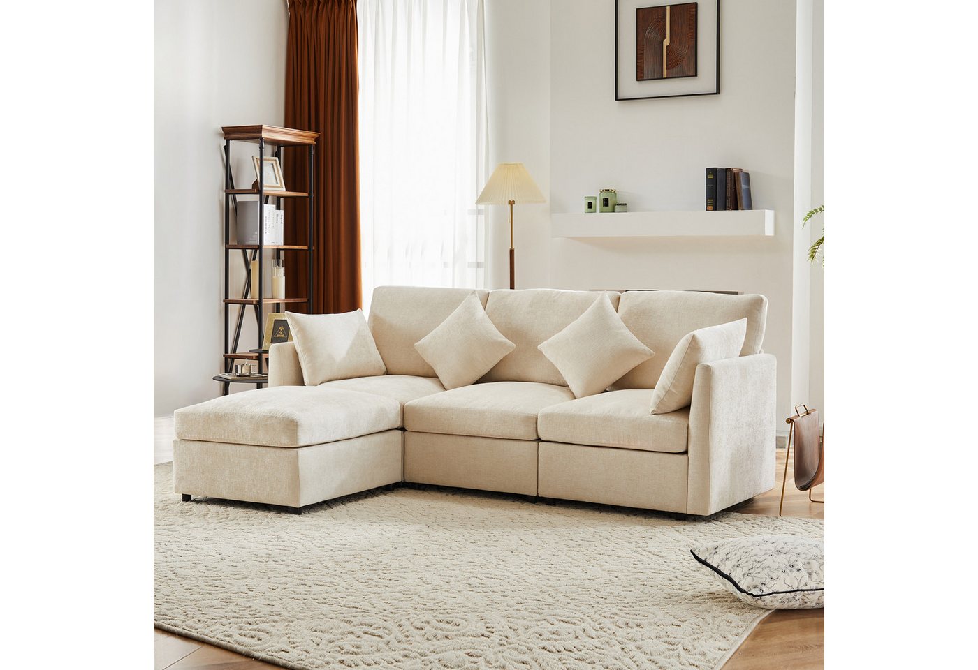 Merax Ecksofa mit Fußhocker und 4 Kissen, 3-Sitzer Sofagarnitur, modulare C günstig online kaufen