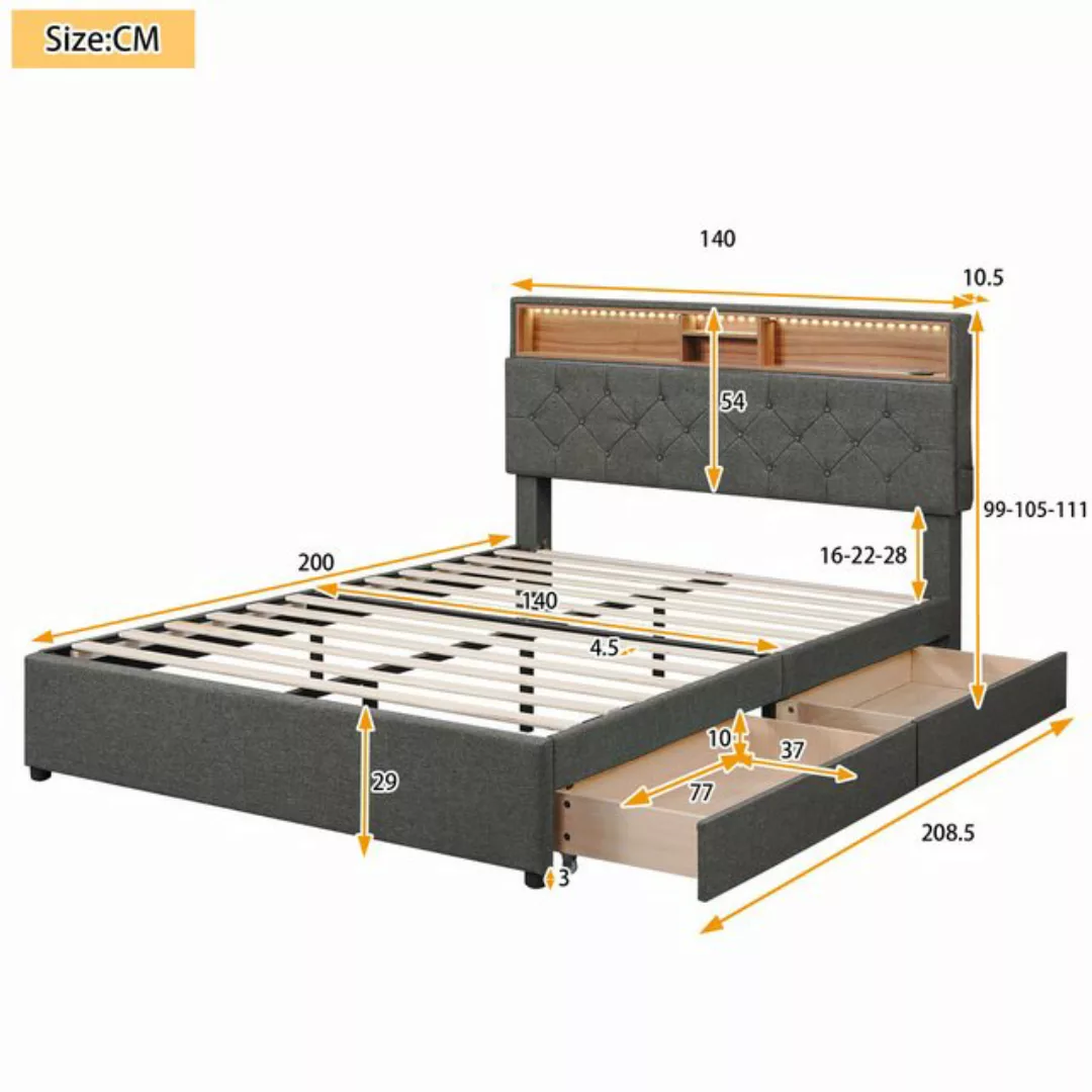 REDOM Polsterbett LED Doppelbett USB Steckdose Schubladen günstig online kaufen