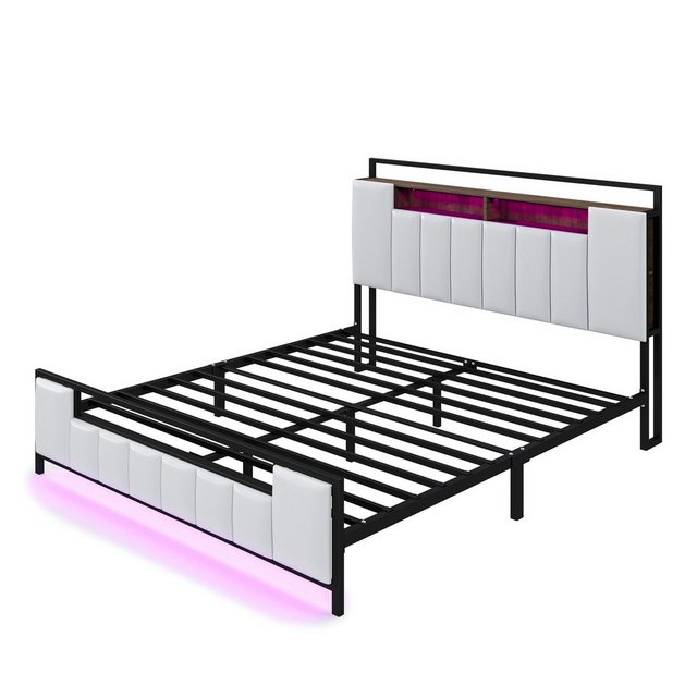 WISHDOR Polsterbett Doppelbett mit LED-Licht, mit USB-Steckdose (Bettgestel günstig online kaufen