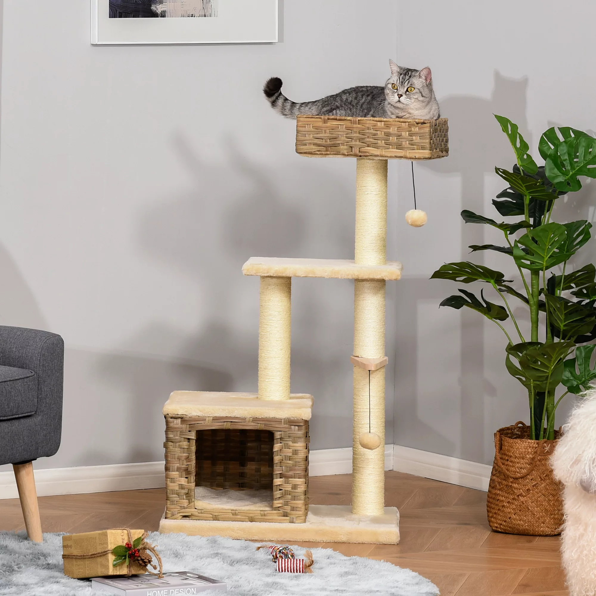 PawHut Rattan Katzenbaum  Kratzbaum mit Katzenhöhle, Ballspielzeug, Sisal & günstig online kaufen