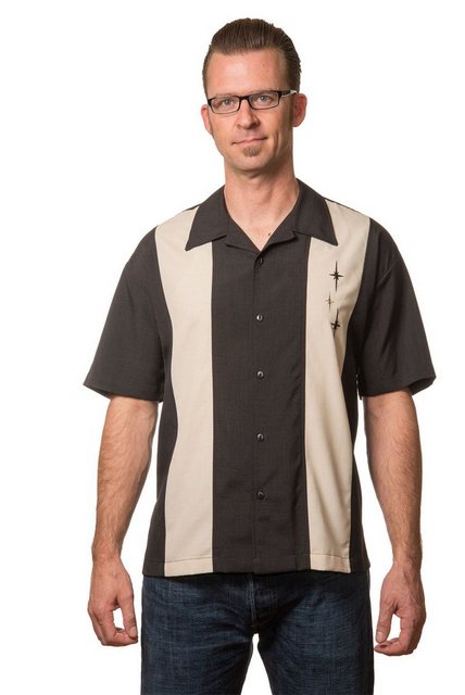 Steady Clothing Kurzarmhemd Three Star Panel Schwarz Retro Vintage Bowling günstig online kaufen