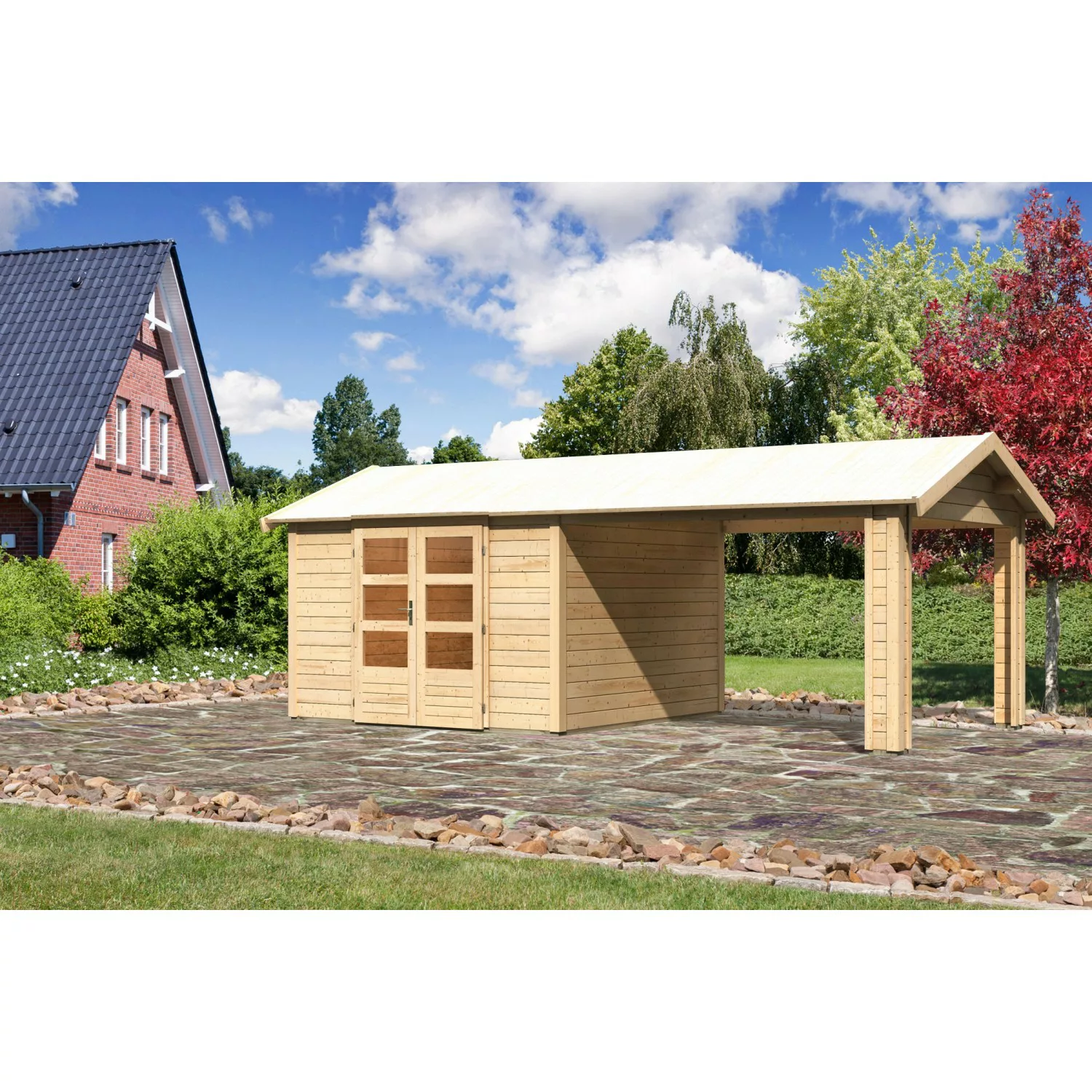 Karibu Holz-Gartenhaus Timra Naturbelassen Satteldach 300 cm x 300 cm günstig online kaufen