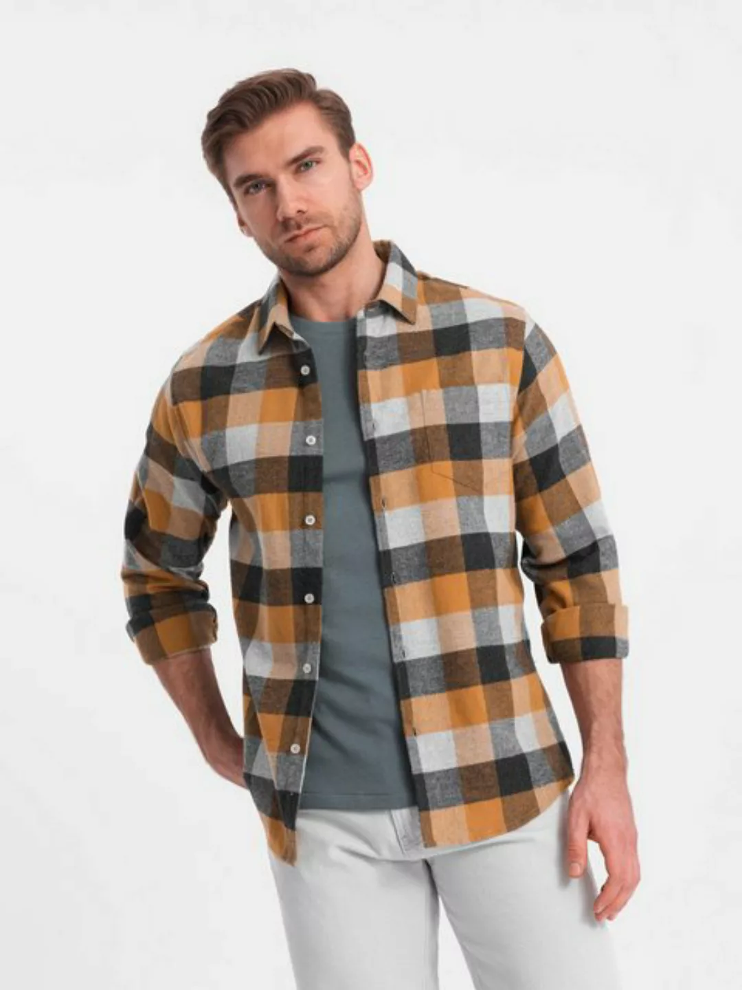 OMBRE Flanellhemd Kariertes Flanellhemd für Herren - marineblau und orange günstig online kaufen
