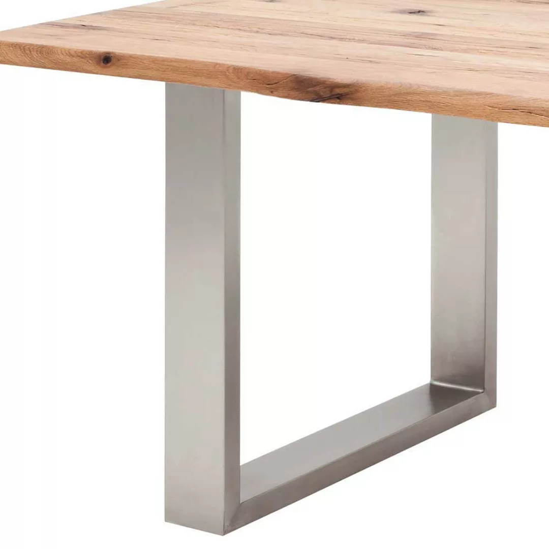 Baumkanten Tisch aus Zerreiche Massivholz Edelstahl günstig online kaufen