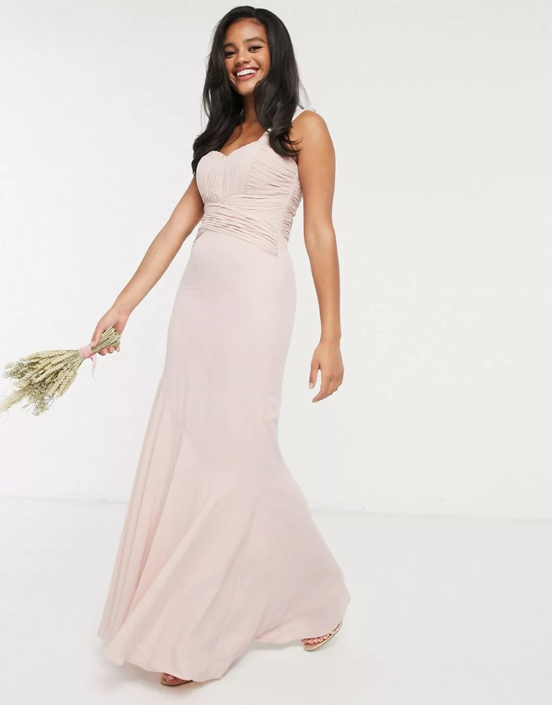 ASOS DESIGN – Bridesmaid – Plissiertes Maxikleid mit Miederoberteil-Rosa günstig online kaufen