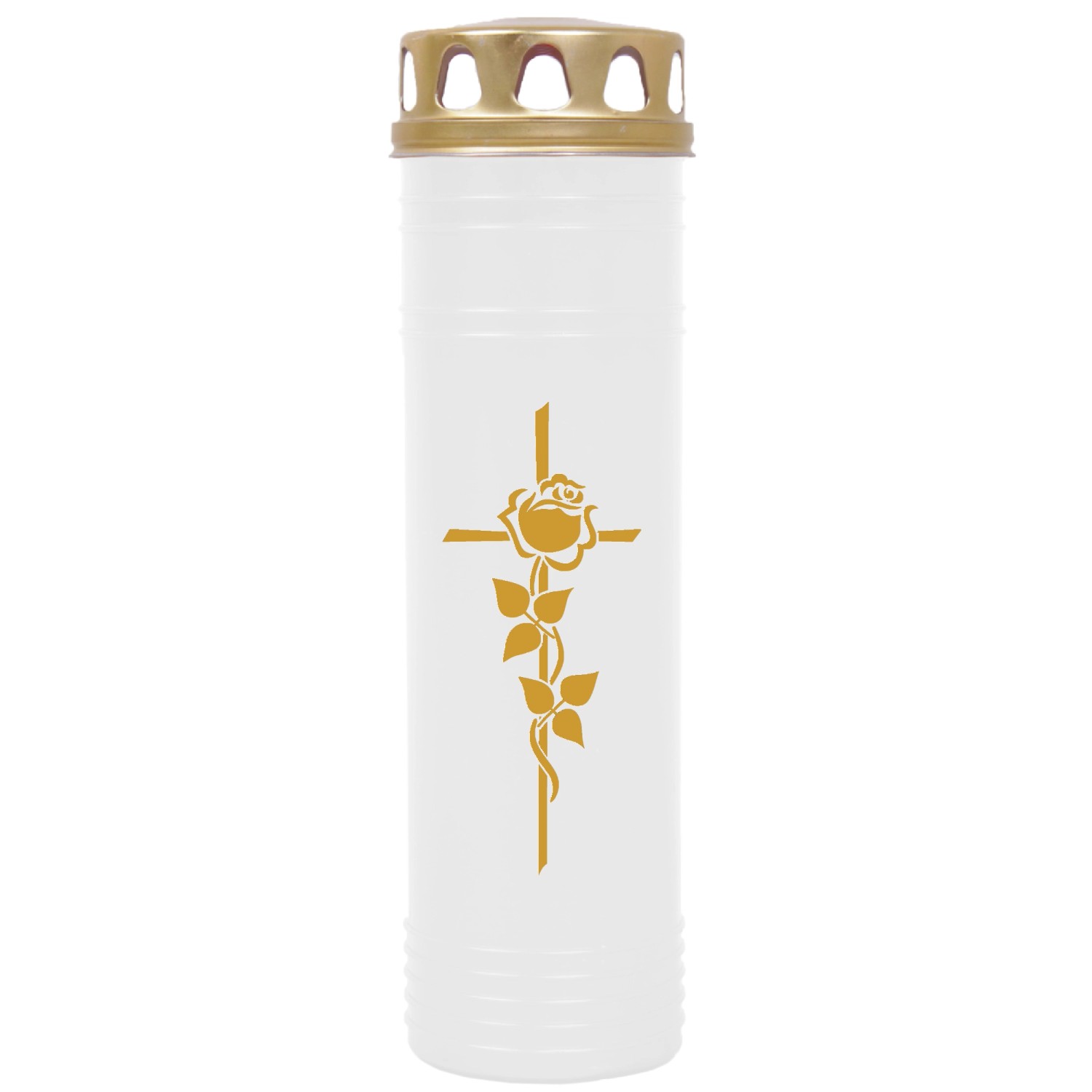 HS Candle Grabkerze Weiß 170h Deckel Und Druck Gold Rose Kreuz günstig online kaufen