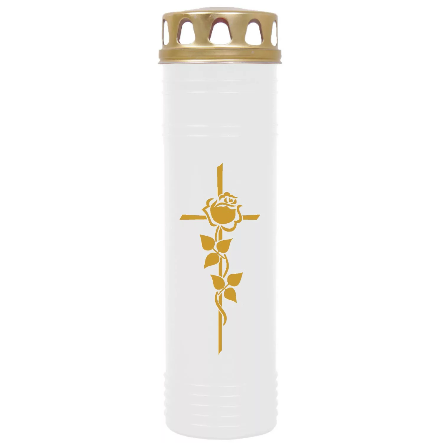 HS Candle Grabkerze Weiß 170h Deckel Und Druck Gold Rose Kreuz günstig online kaufen