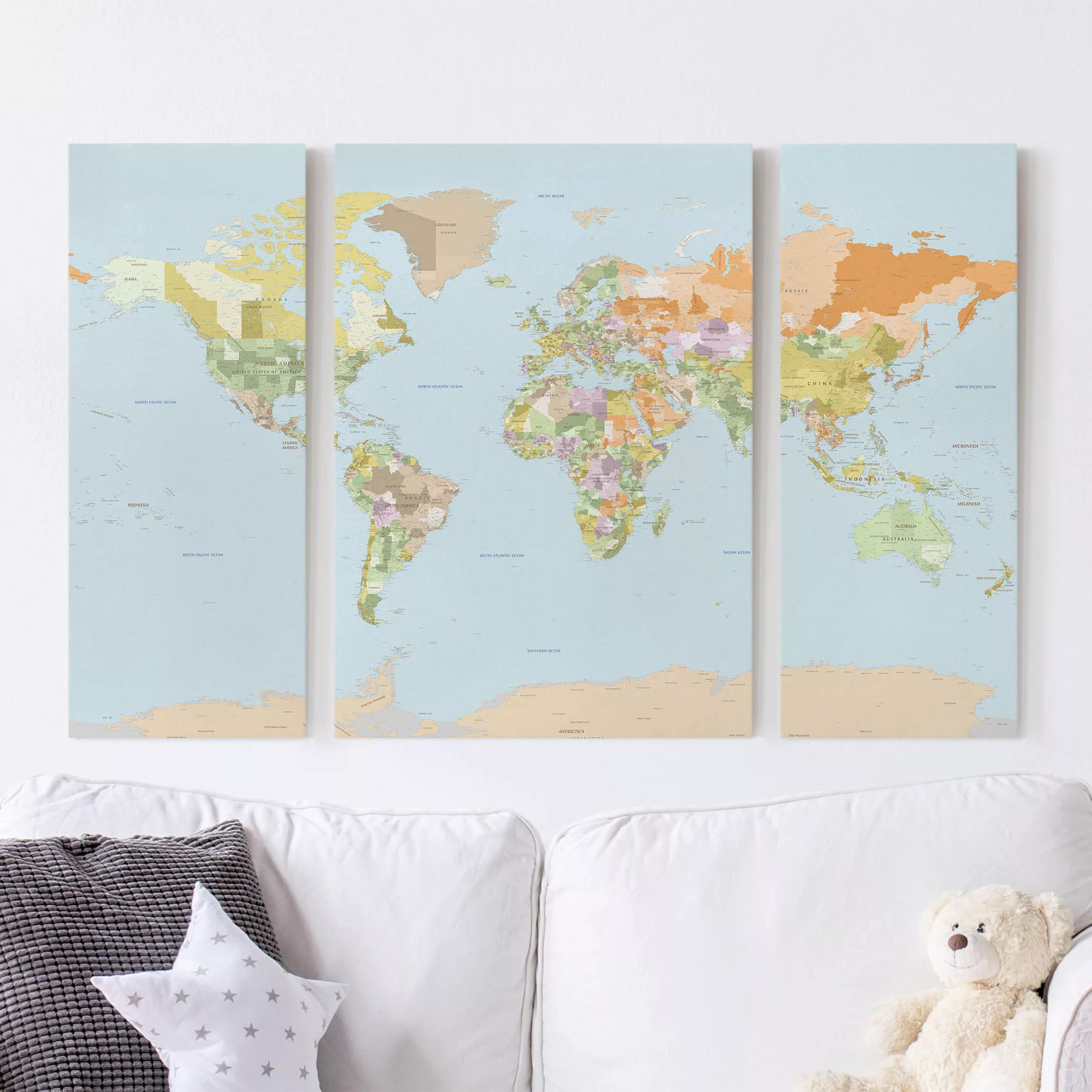 3-teiliges Leinwandbild Weltkarte - Querformat Politische Weltkarte günstig online kaufen