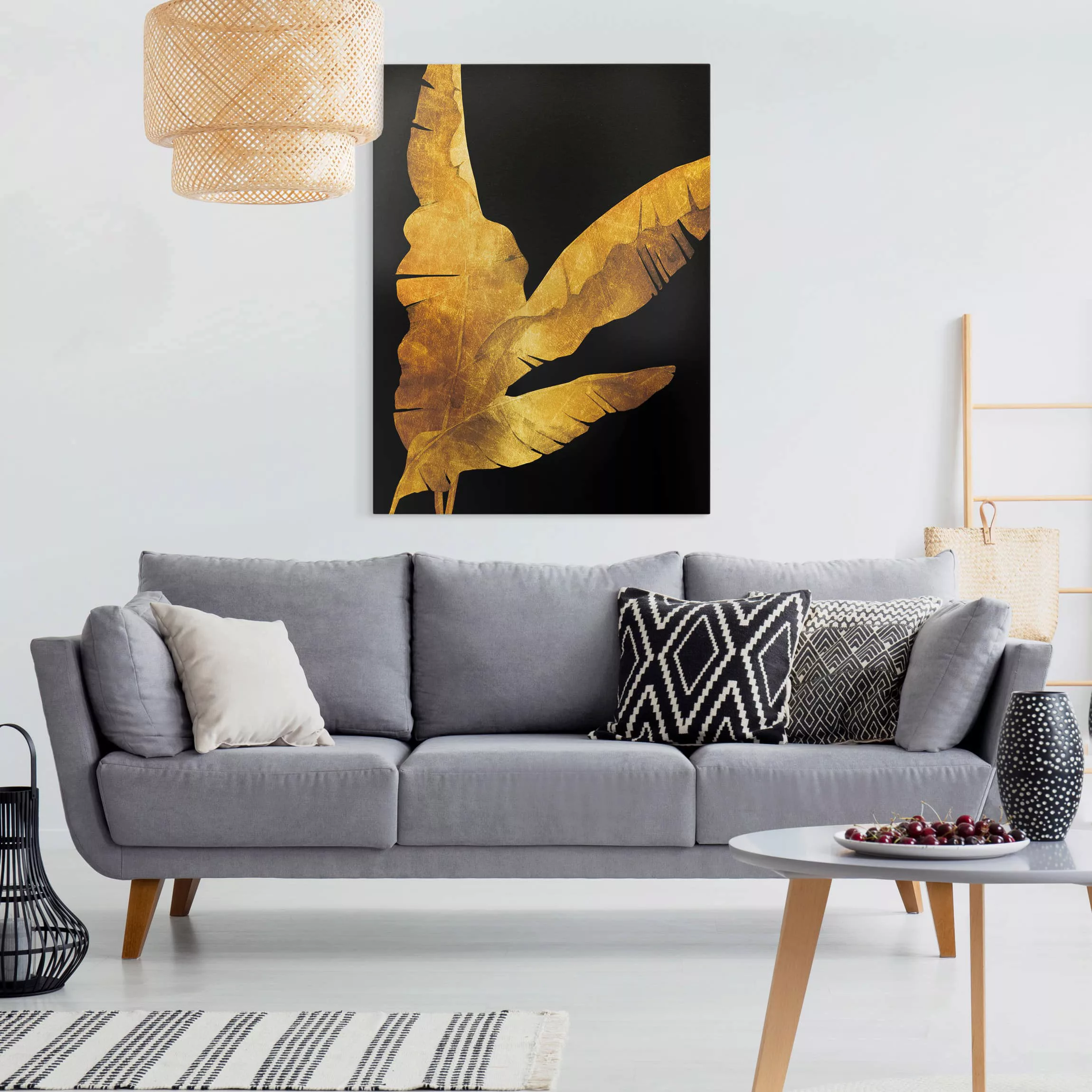 Leinwandbild Blumen - Hochformat Gold - Bananenpalme auf Schwarz günstig online kaufen