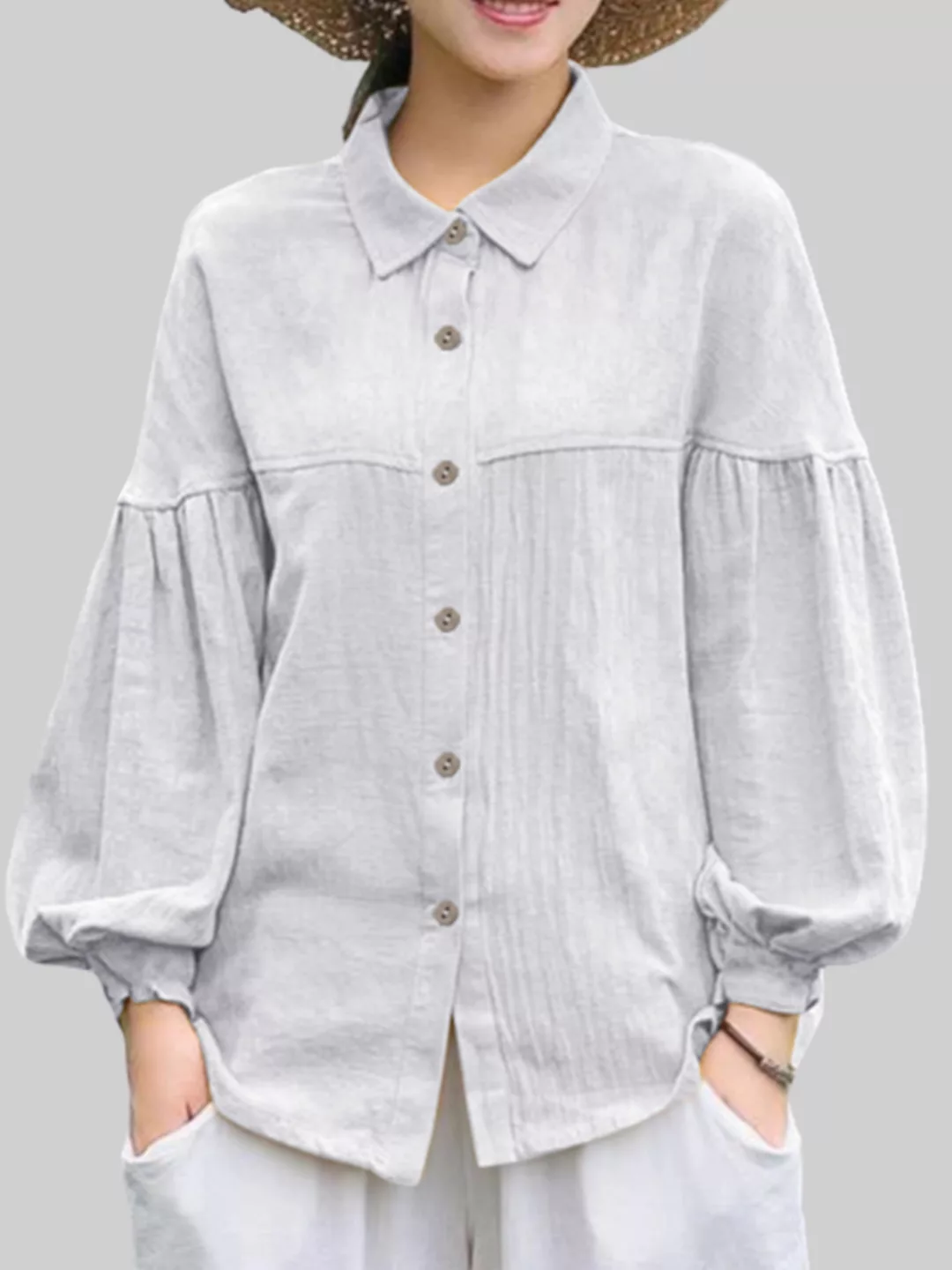 Einfarbige Turn-Down-Kragen-Taste Fly Long Lantern Sleeve Shirt günstig online kaufen