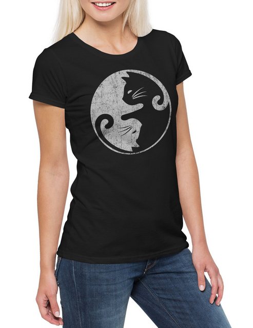 Urban Backwoods Print-Shirt Cats Yin & Yang Damen T-Shirt Cat Katze Katzen günstig online kaufen