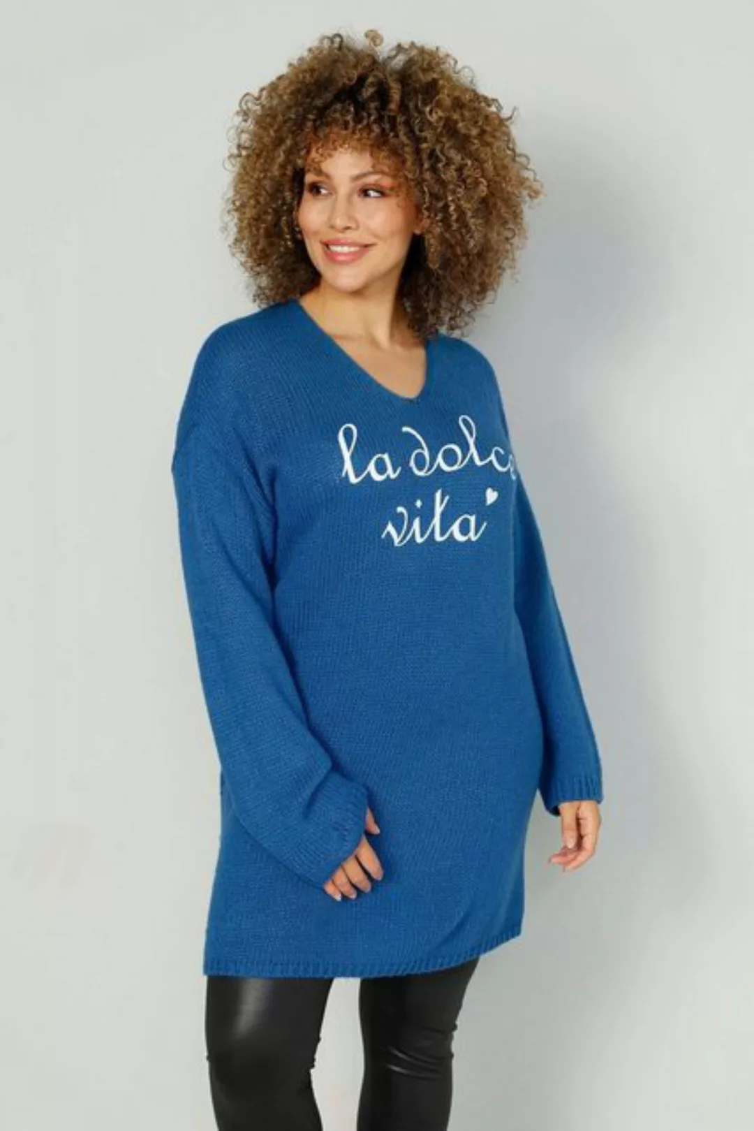 MIAMODA Strickpullover Long-Pullover Schriftzug V-Ausschnitt Langarm günstig online kaufen