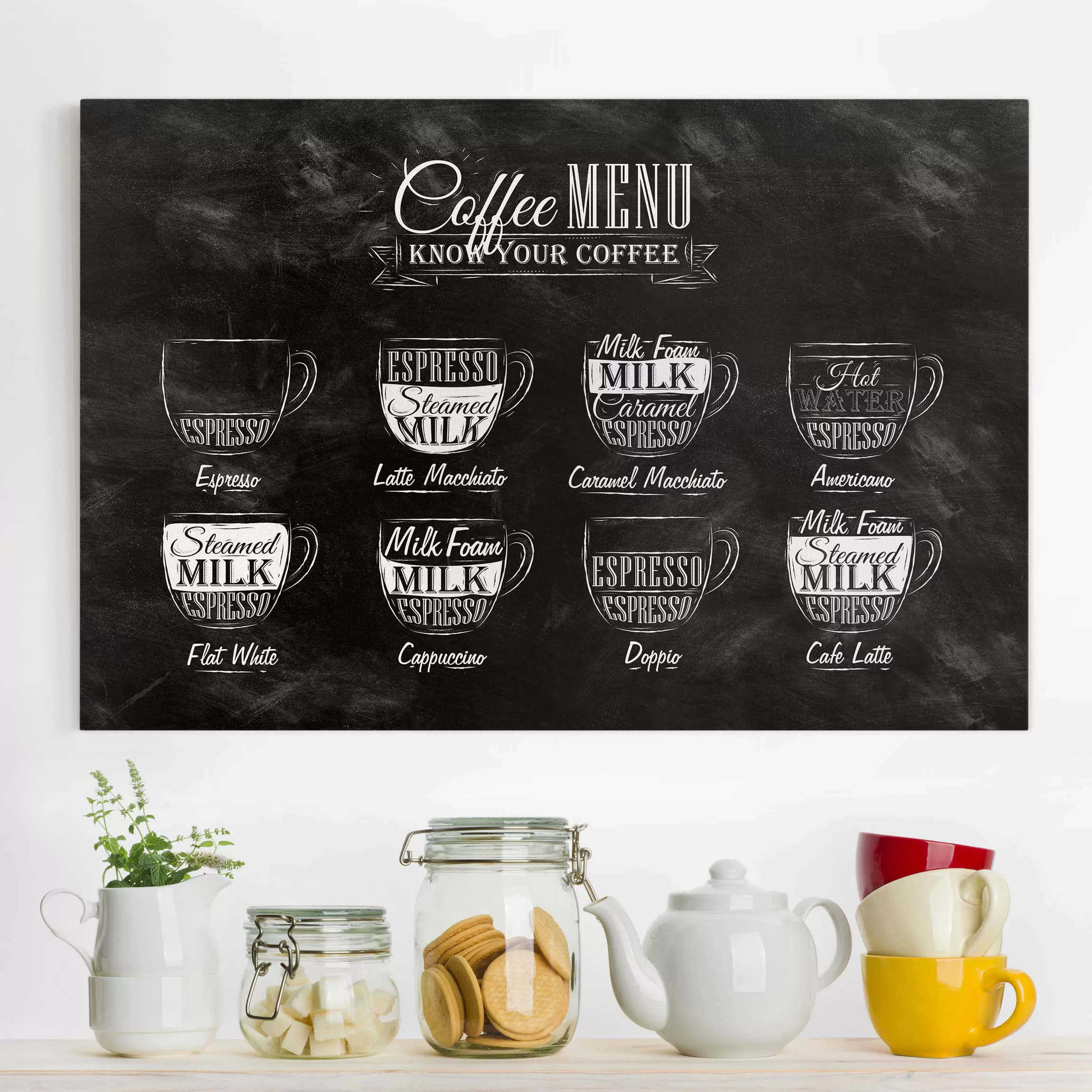 Leinwandbild Küche - Querformat Kaffeesorten Kreidetafel günstig online kaufen