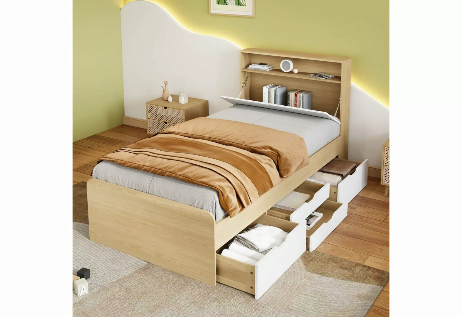 WISHDOR Einzelbett Holzbett (Ecken mit Stoßschutz, MDF + Spanplatte, Weiß + günstig online kaufen