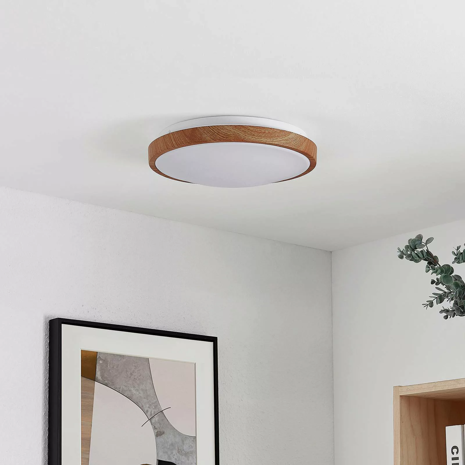 Lindby LED-Deckenleuchte Mynte, Ø30cm, Holzoptik, Kunststoff günstig online kaufen