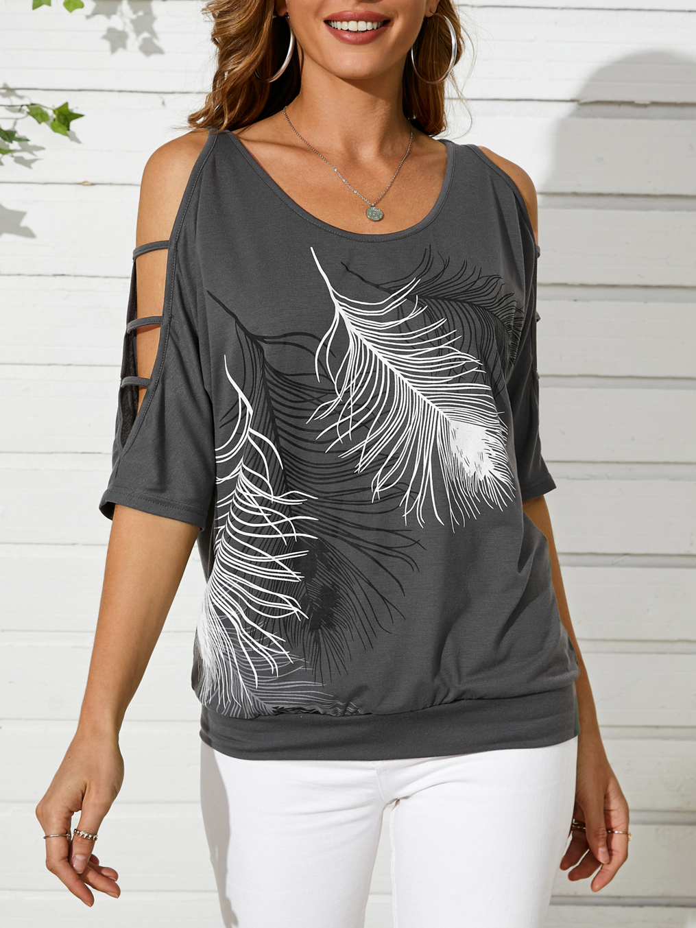 YOINS Grau Leder Print Cold Shoulder 3/4 Länge Ärmel T-Shirt günstig online kaufen