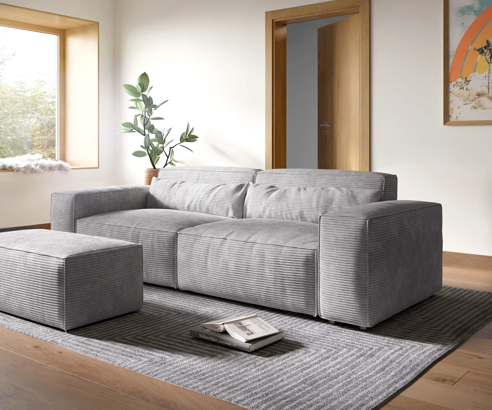 Big-Sofa Sirpio XL 270x130 cm Cord Silbergrau mit Hocker günstig online kaufen