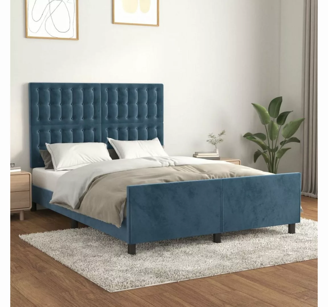 vidaXL Bettgestell Bettrahmen mit Kopfteil Dunkelblau 140x200 cm Samt Bett günstig online kaufen