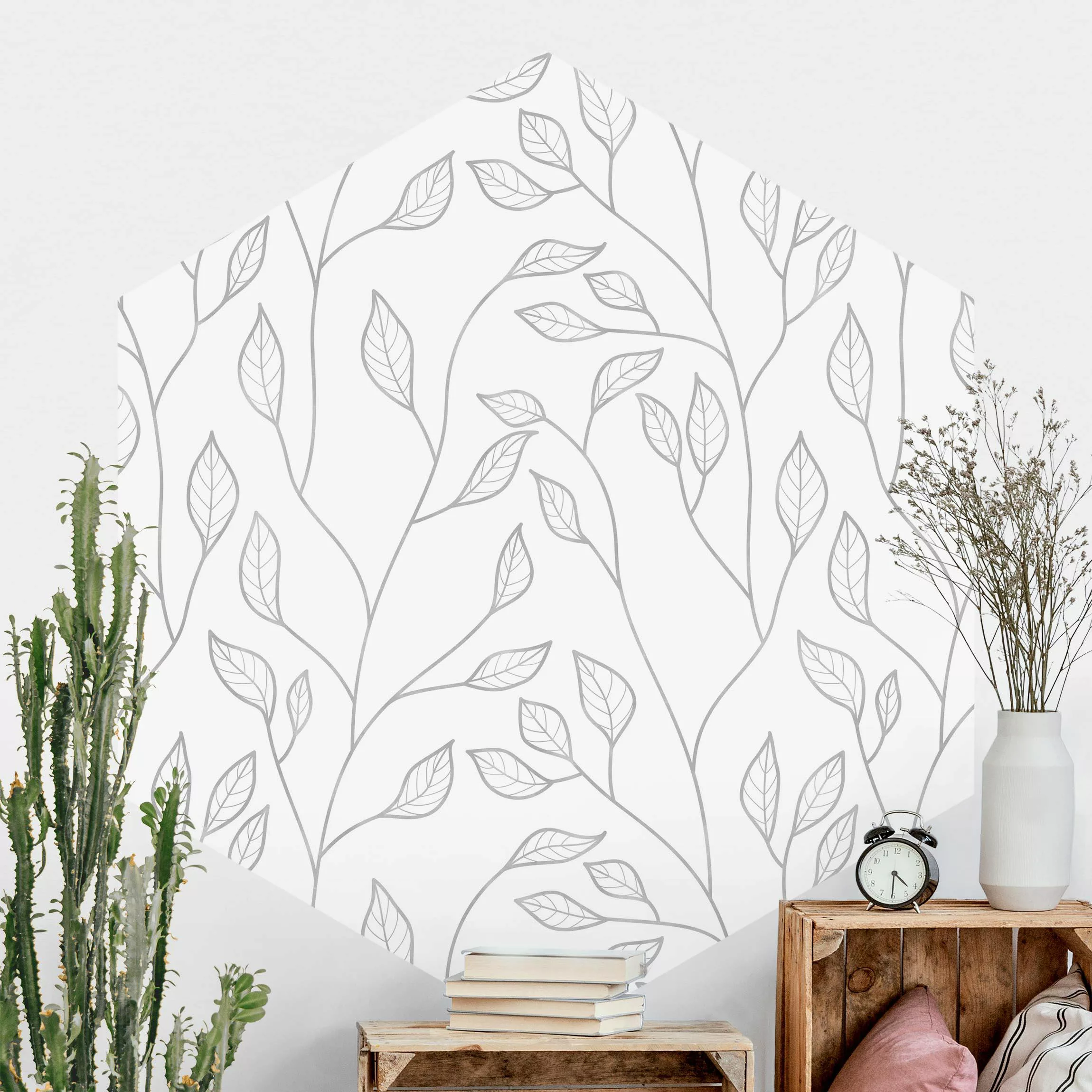 Hexagon Mustertapete selbstklebend Natürliches Muster Zweige mit Blättern i günstig online kaufen
