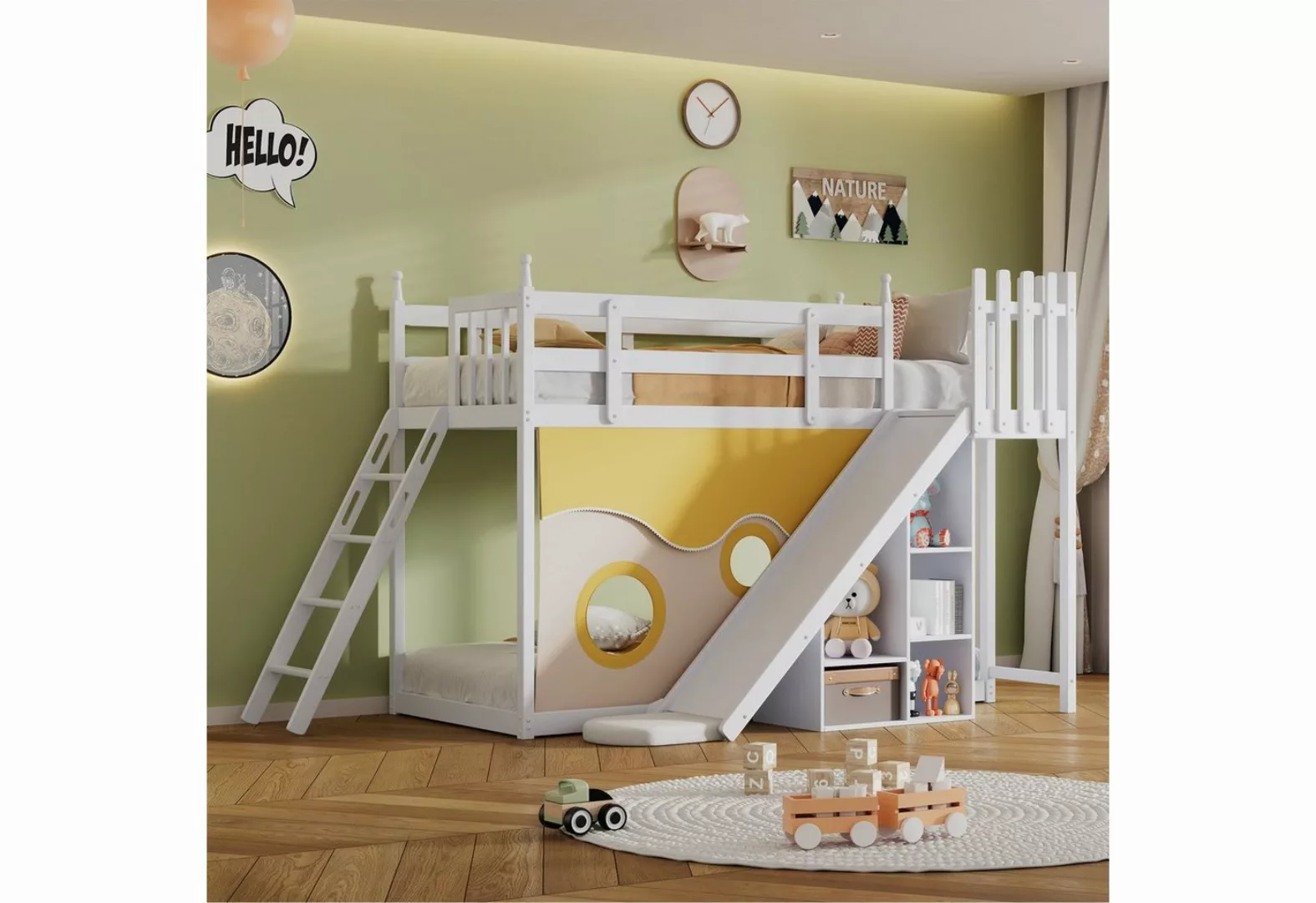 Celya Kinderbett Etagenbett 90x200cm,Holzbett mit Treppe und Zäune, Rutsche günstig online kaufen