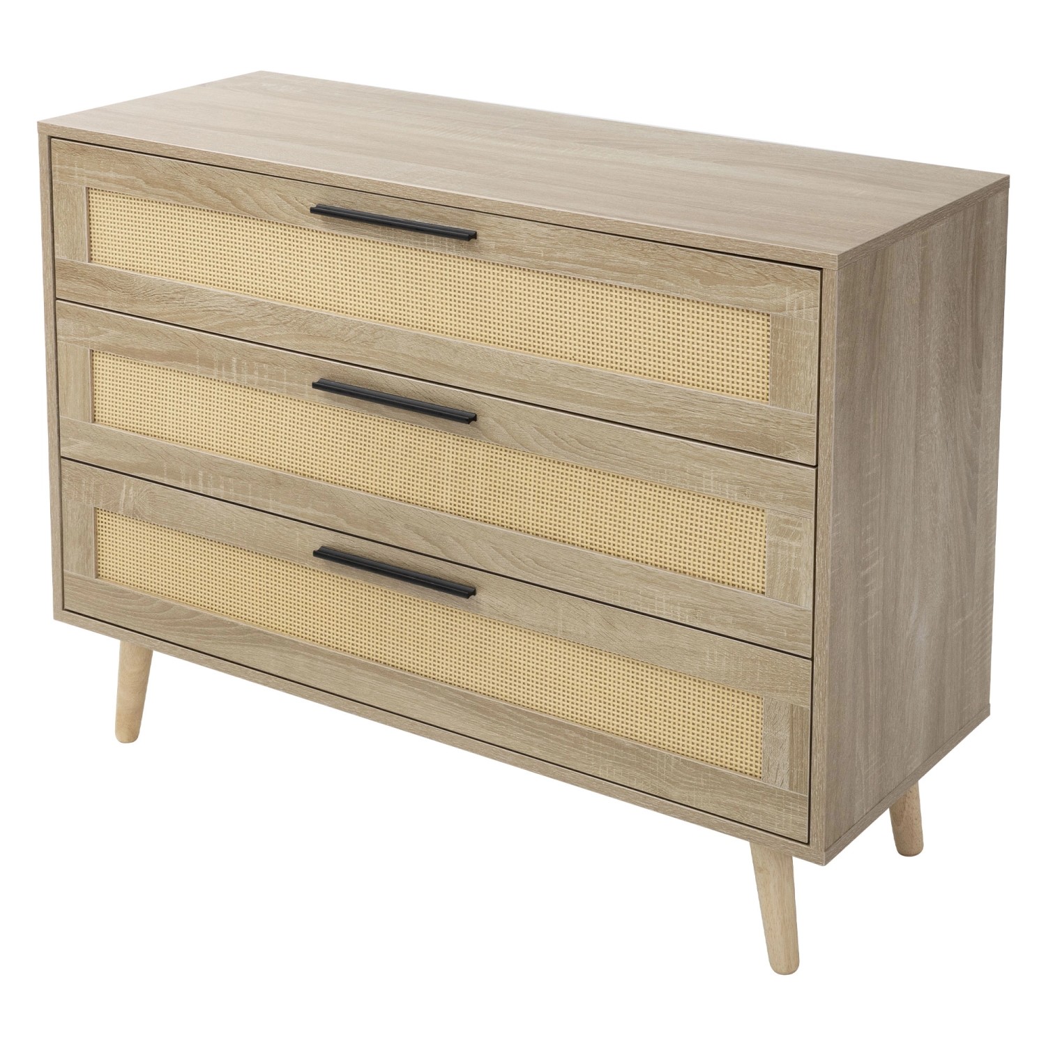 ML-Design Kommode mit 3 Schubladen 100x77x40cm Eiche Optik Rattanfront günstig online kaufen