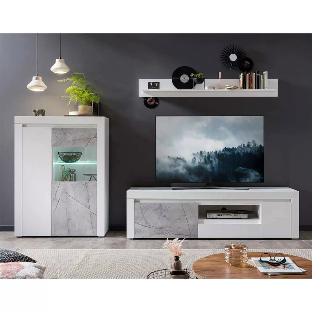 TV Wohnwand mit Wandboard Weiß & Steinoptik Grau (dreiteilig) günstig online kaufen