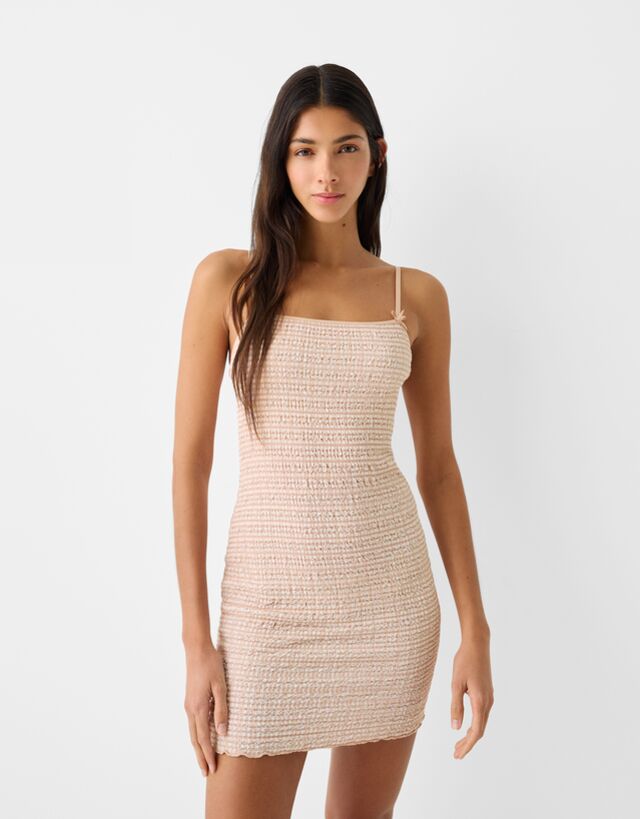 Bershka Rustikales Minikleid Mit Trägern Und Schleife Damen 10-12 Beige günstig online kaufen