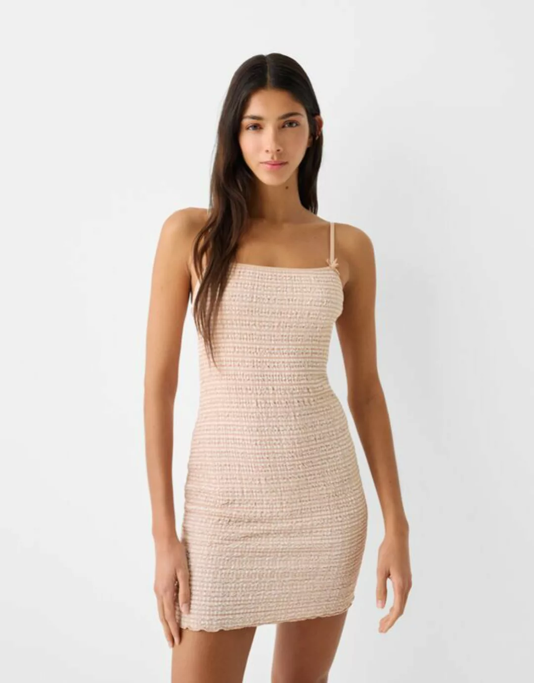 Bershka Rustikales Minikleid Mit Trägern Und Schleife Damen Xs Beige günstig online kaufen