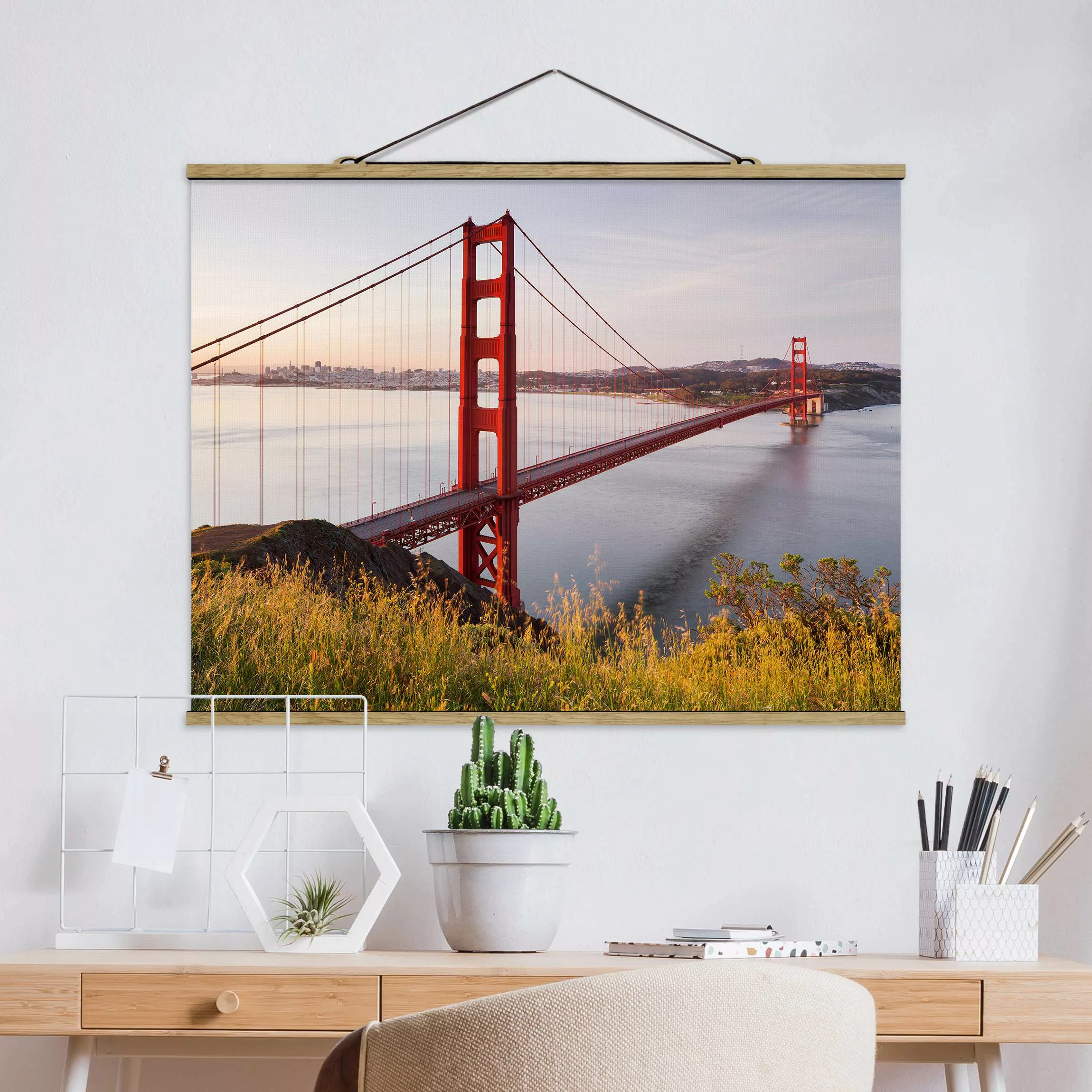 Stoffbild Architektur mit Posterleisten - Querformat Golden Gate Bridge in günstig online kaufen