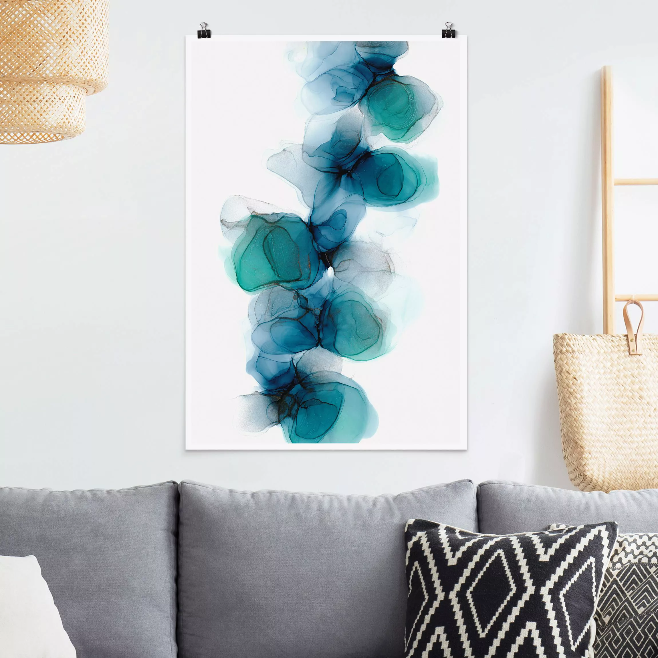 Poster Wilde Blüten in Blau und Gold günstig online kaufen