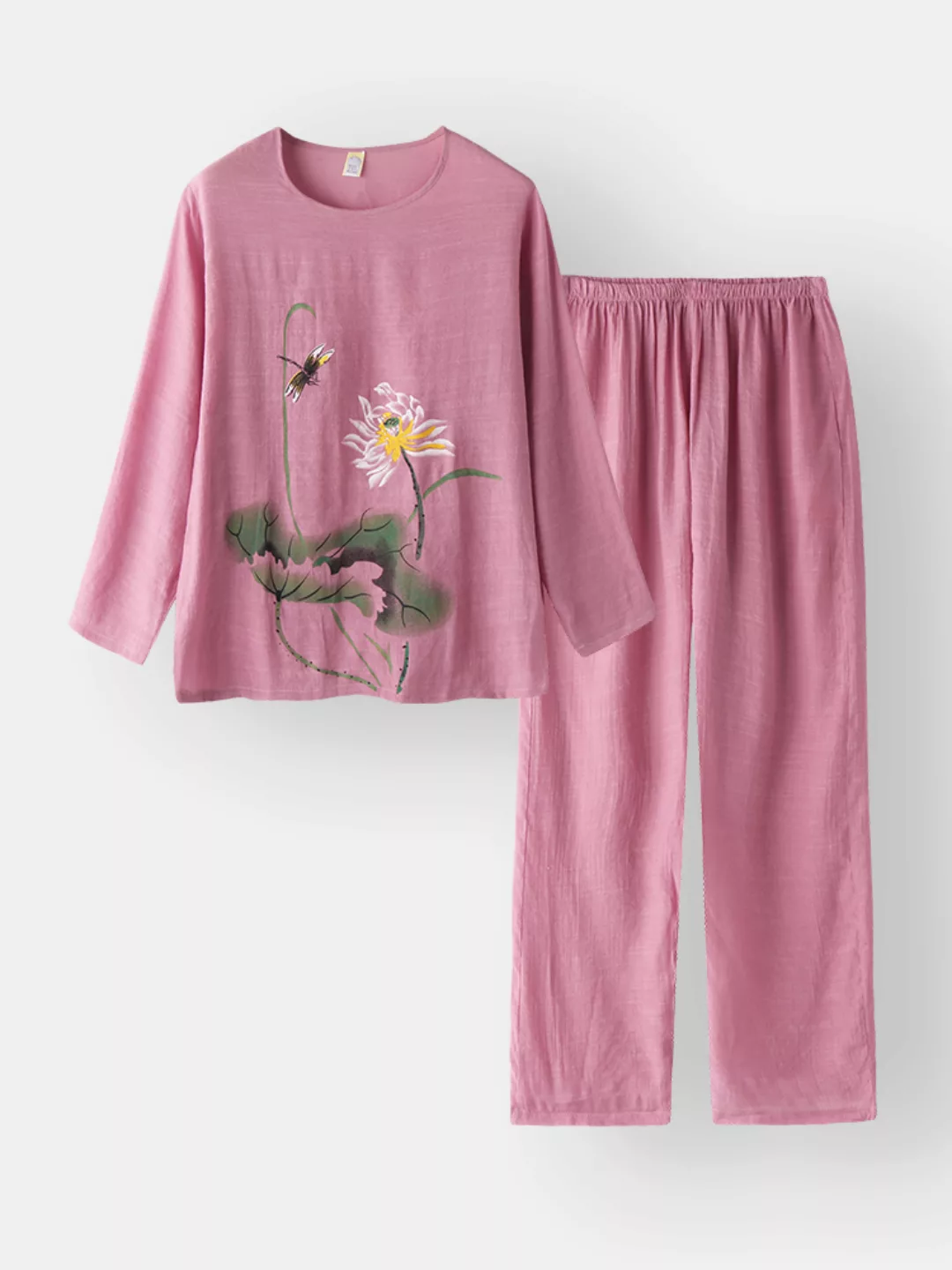 Damen Print Baumwolle Leinen Softies Loungewear Langes Set O-Ausschnitt Loo günstig online kaufen