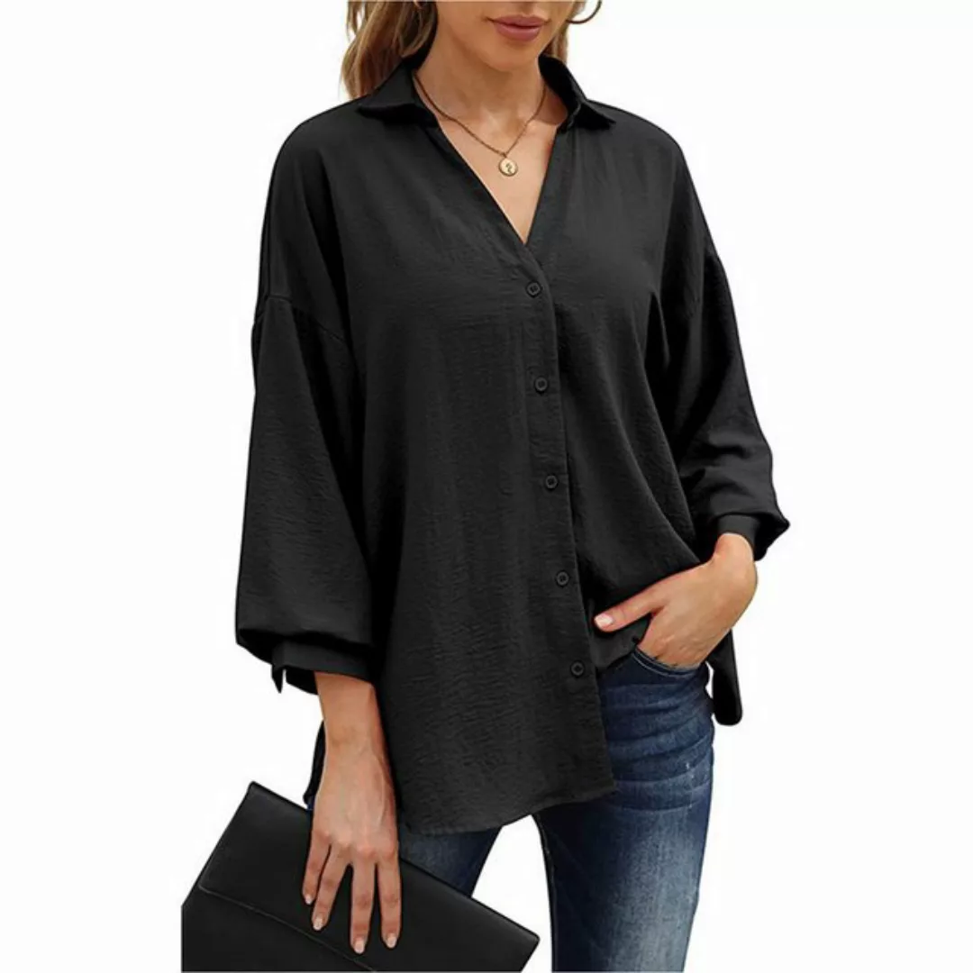 Zoclack Hemdbluse Damen Langärm Blusenshirt Lockeres mit V-Ausschnitt & Kno günstig online kaufen