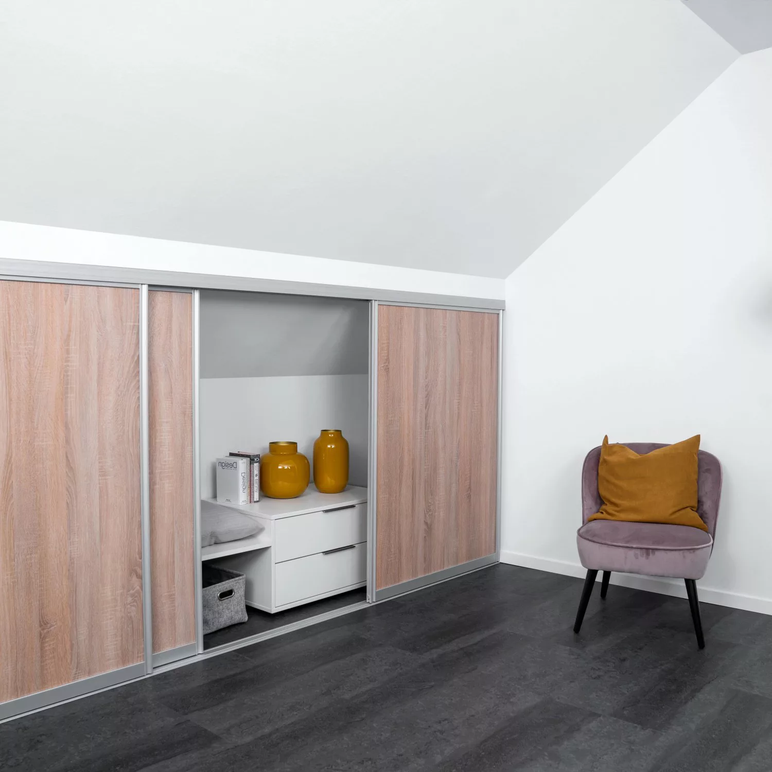 Schiebetür-Bau-Set Kniestock Profil Silber Dekor Eiche Geplankt 1022 x 1400 günstig online kaufen