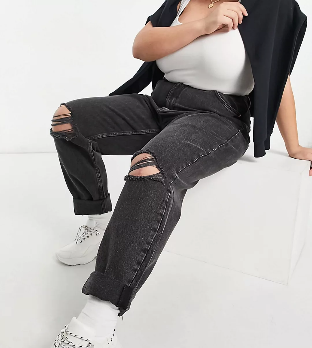 ASOS DESIGN Curve– Legere Mom-Jeans in verwaschenem Schwarz mit hoher Taill günstig online kaufen