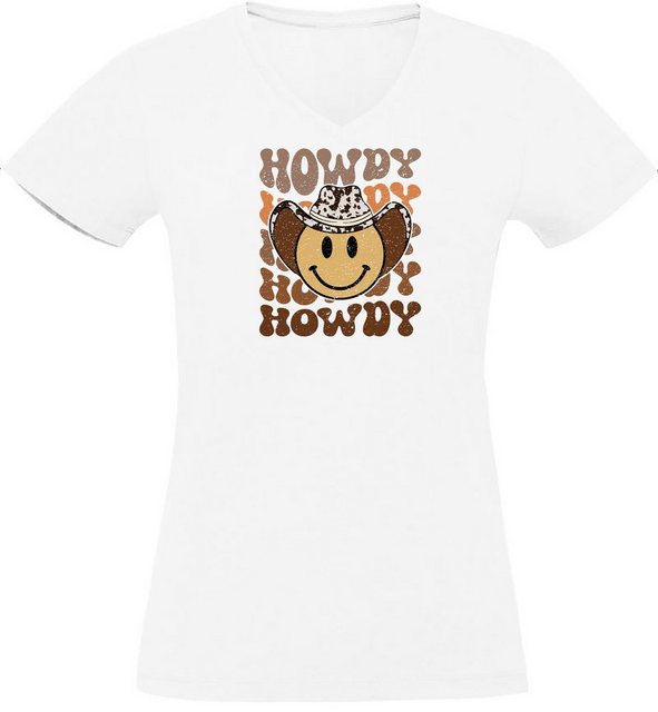 MyDesign24 T-Shirt Damen Smiley Print Shirt - Lächelnder Cowboy Smiley V-Au günstig online kaufen