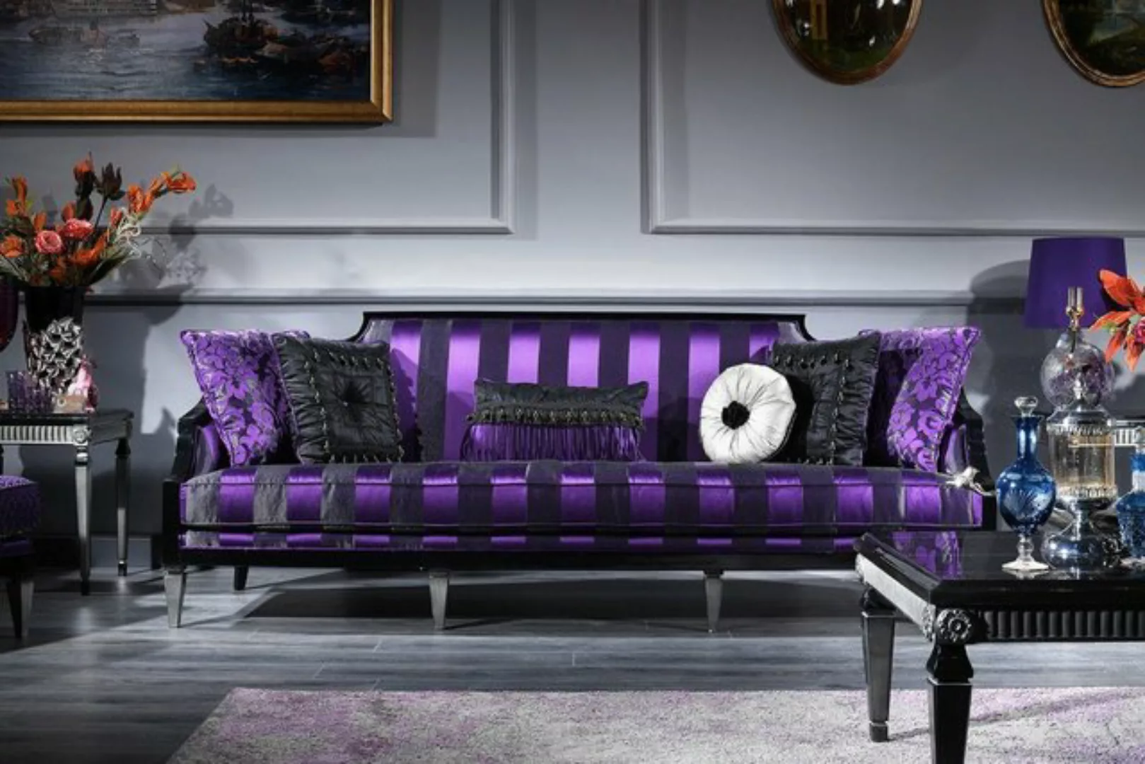 Casa Padrino Sofa Luxus Barock Sofa Lila / Schwarz / Silber 244 x 95 x H. 8 günstig online kaufen