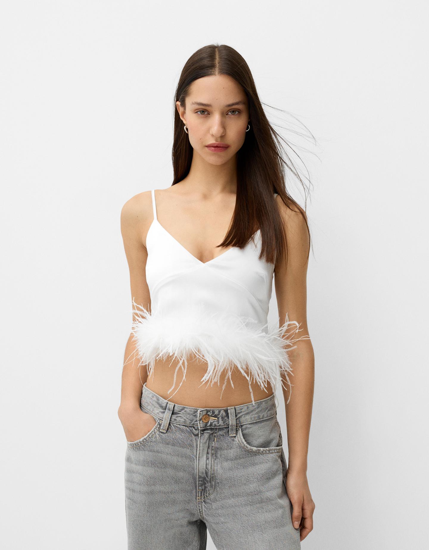 Bershka Cropped-Top Mit Daunen Und Federn Damen L Weiss günstig online kaufen