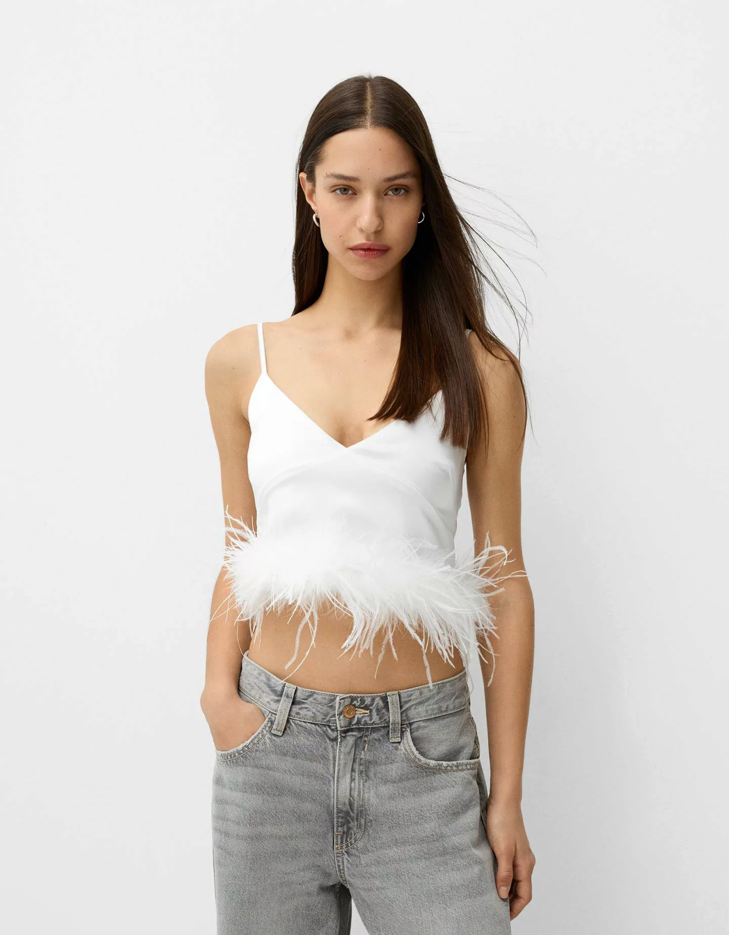 Bershka Cropped-Top Mit Daunen Und Federn Damen Xs Weiss günstig online kaufen