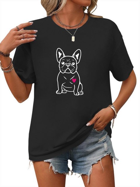 PYL Rundhalsshirt Damen Sommer Kurzarmbluse Locker Hund Print-Shirt günstig online kaufen