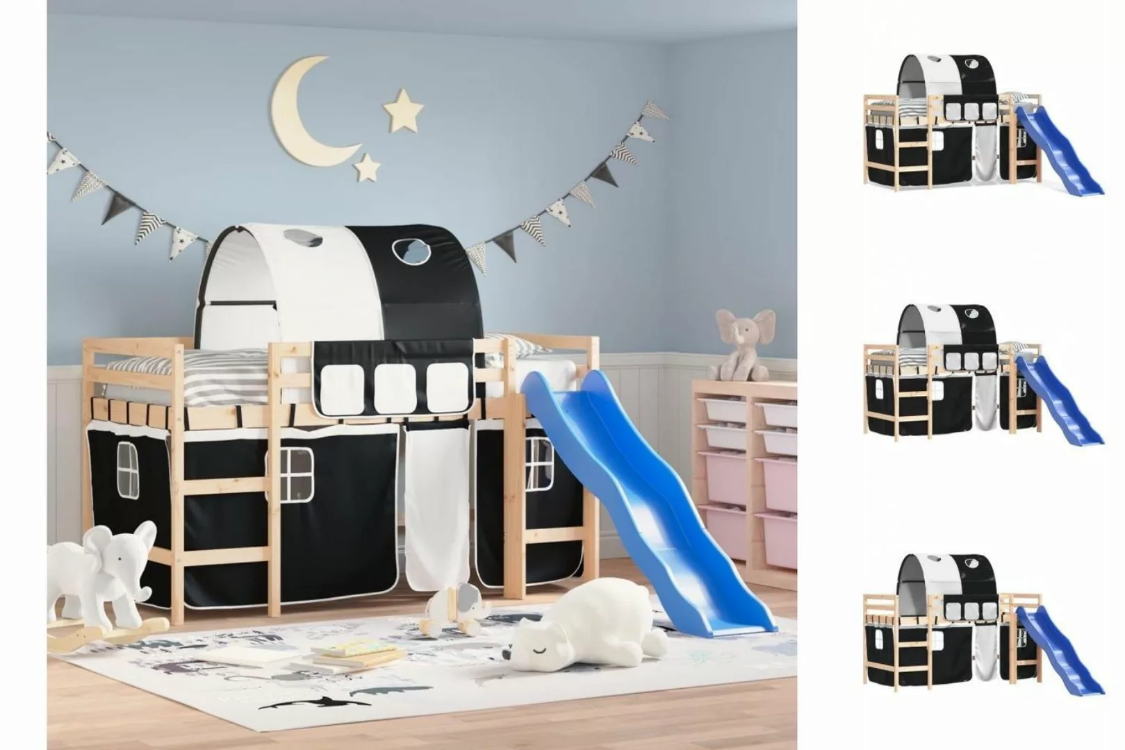 vidaXL Kinderbett Kinderhochbett mit Tunnel Weiß Schwarz 90x190 cm Kiefernh günstig online kaufen