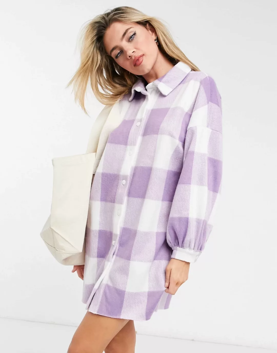 ASOS DESIGN – Kariertes Mini-Hemdkleid aus Fleece in Flieder und Weiß-Lila günstig online kaufen