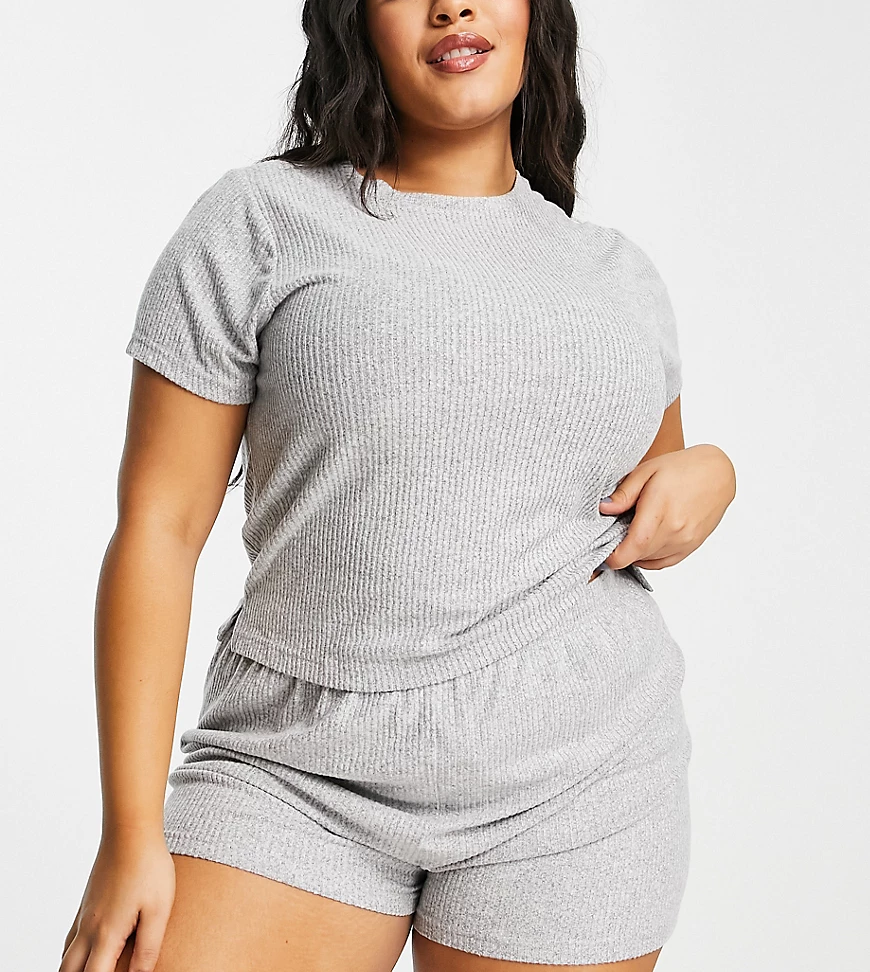 ASOS DESIGN Curve – Superweiches Lounge-Set in Grau mit geripptem T-Shirt u günstig online kaufen