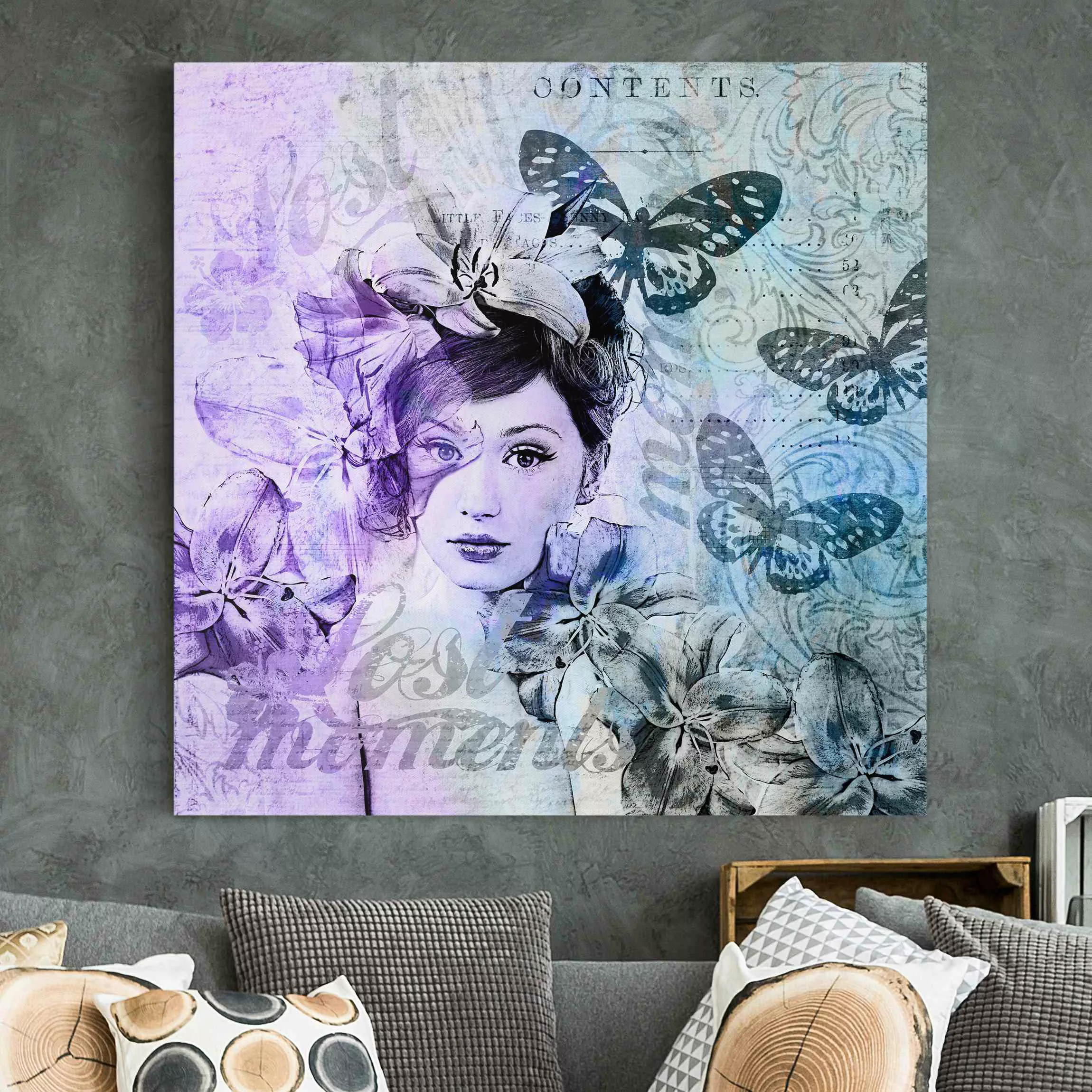 Leinwandbild Shabby Chic Collage - Portrait mit Schmetterlingen günstig online kaufen