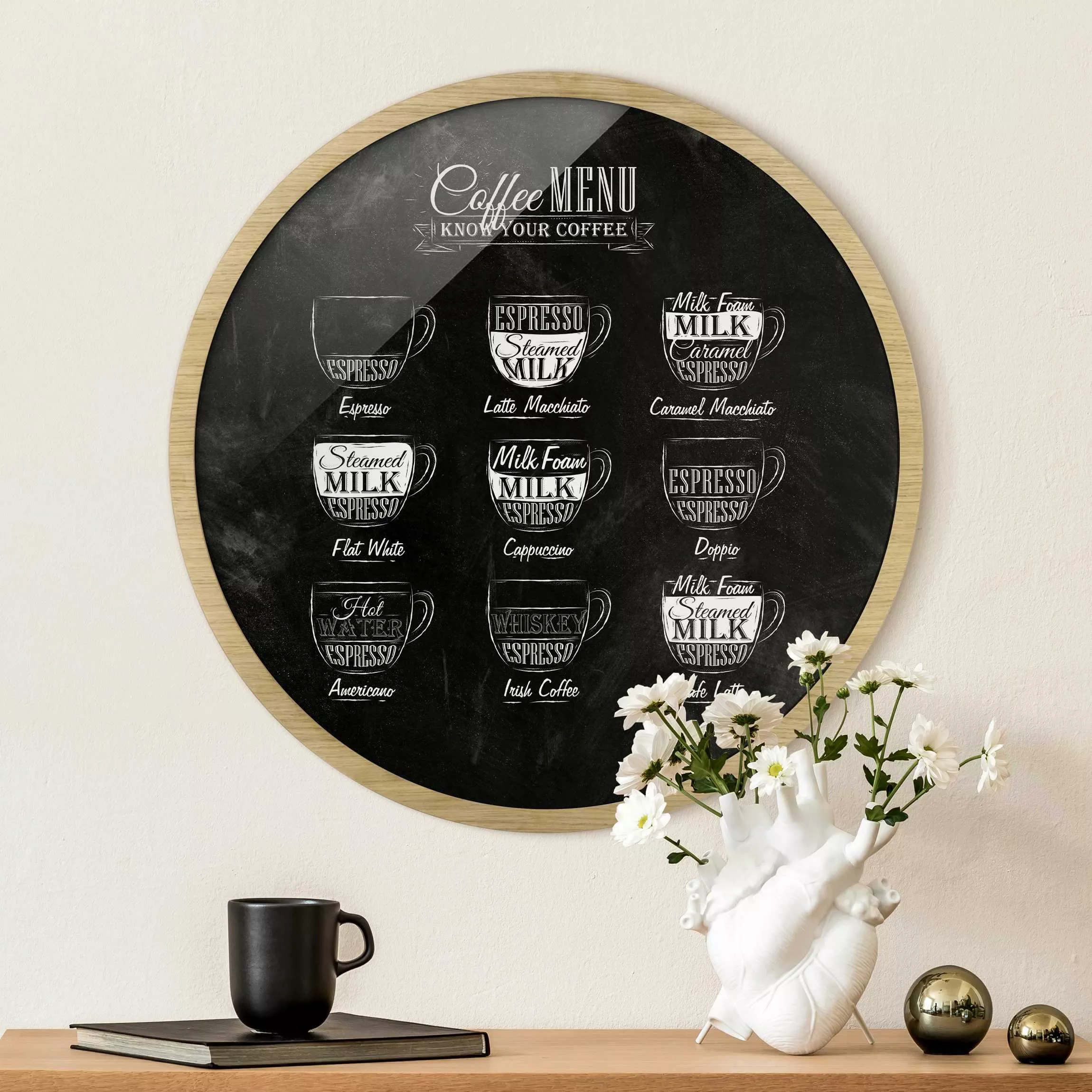 Rundes Gerahmtes Bild Kaffeesorten Kreidetafel günstig online kaufen