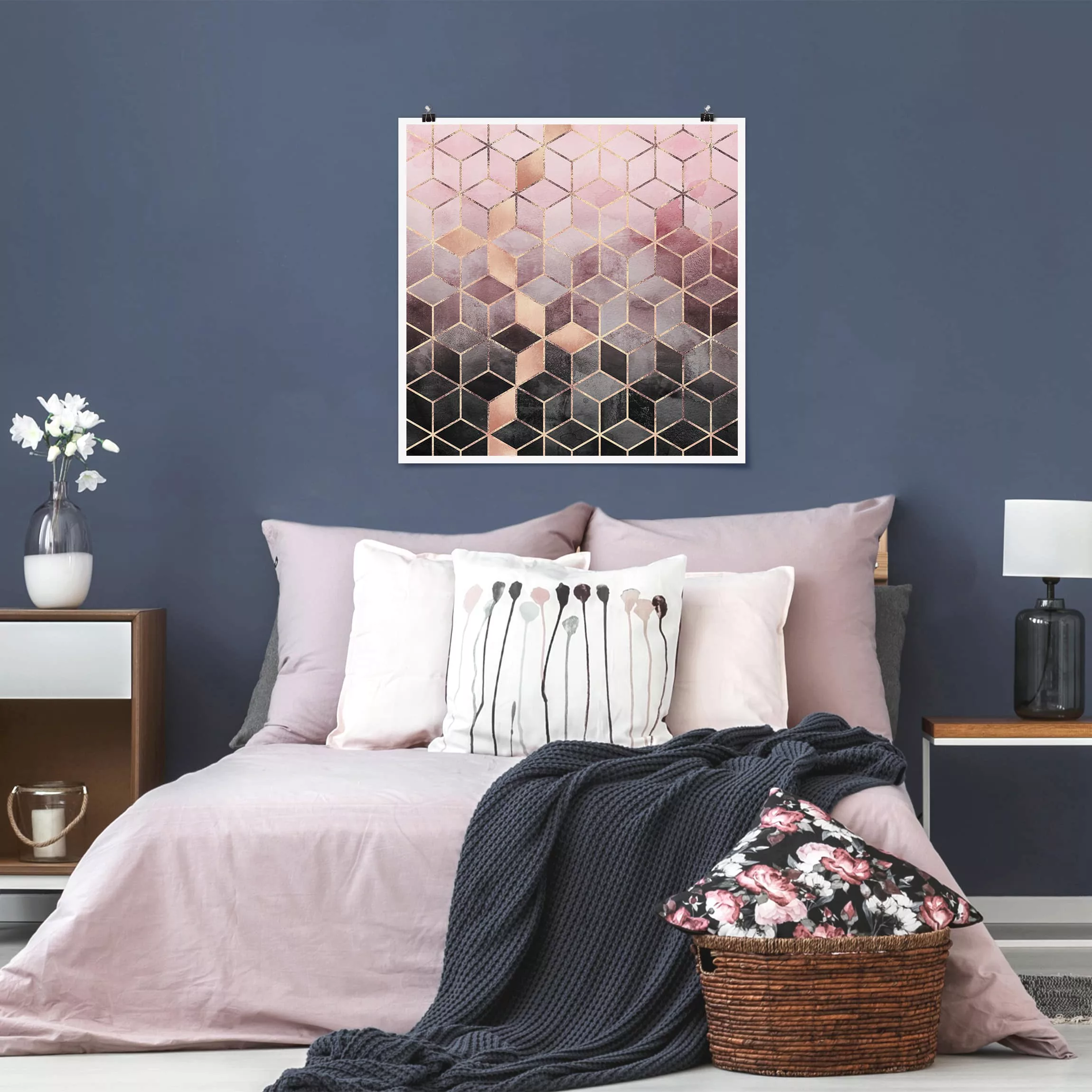 Poster Abstrakt - Quadrat Rosa Grau goldene Geometrie günstig online kaufen