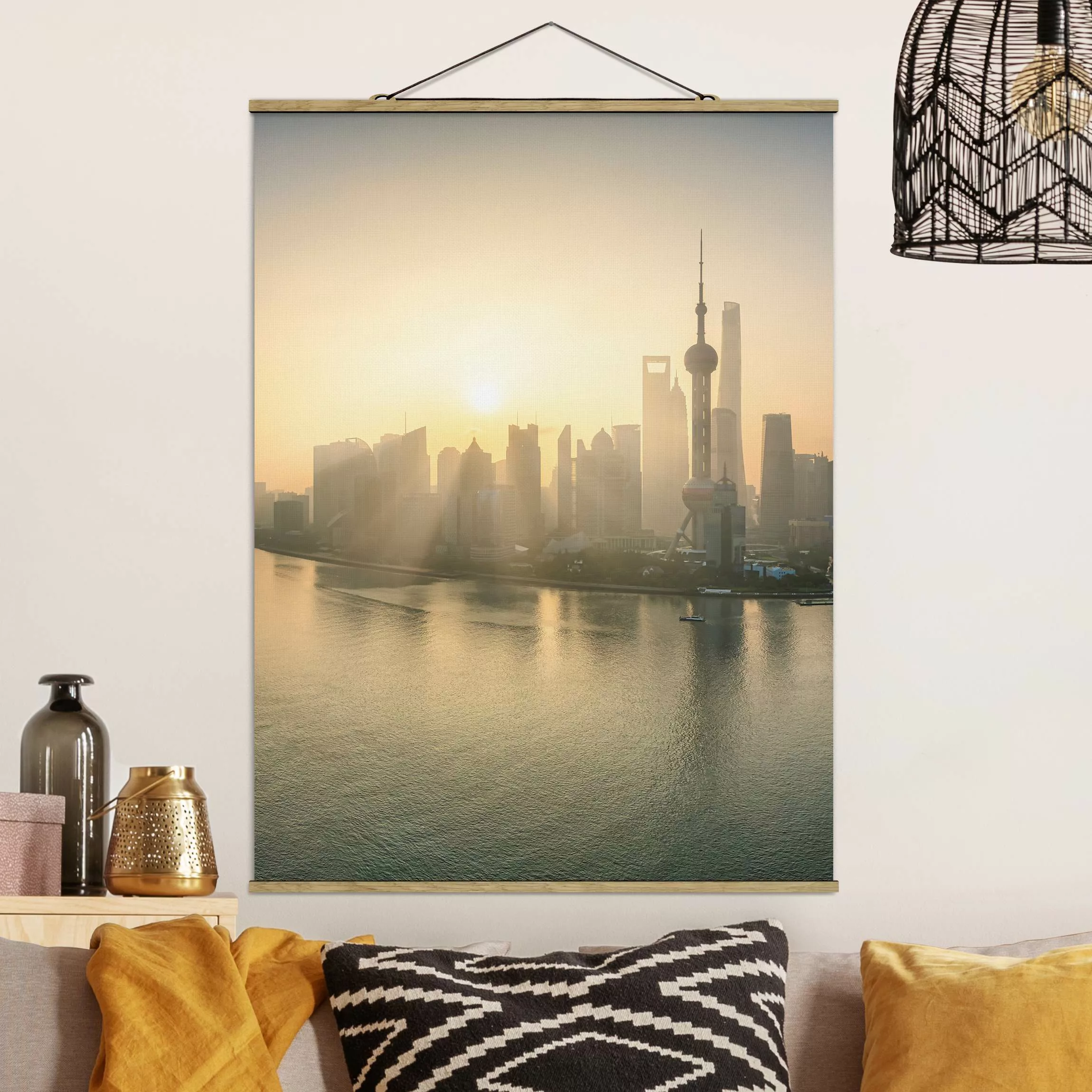 Stoffbild mit Posterleisten Pudong bei Sonnenaufgang günstig online kaufen