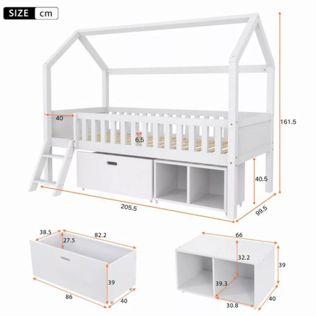 Flieks Hochbett Hausbett Kinderbett mit Stauraumfächern 90x200cm Kiefer günstig online kaufen
