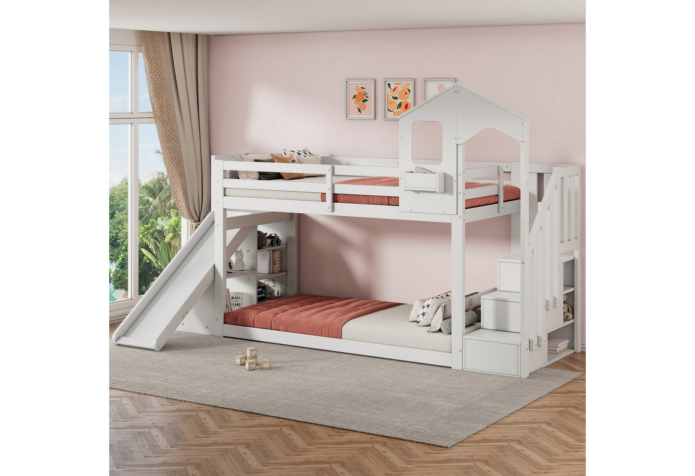 Flieks Etagenbett, Kinderbett Hausbett 90x200cm Rutsche und Treppe mit Stau günstig online kaufen