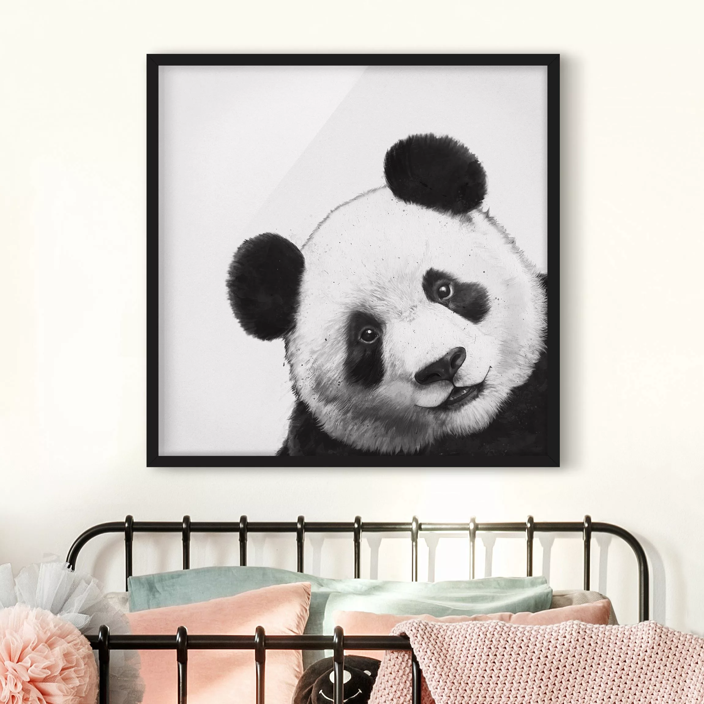 Bild mit Rahmen - Quadrat Illustration Panda Schwarz Weiß Malerei günstig online kaufen